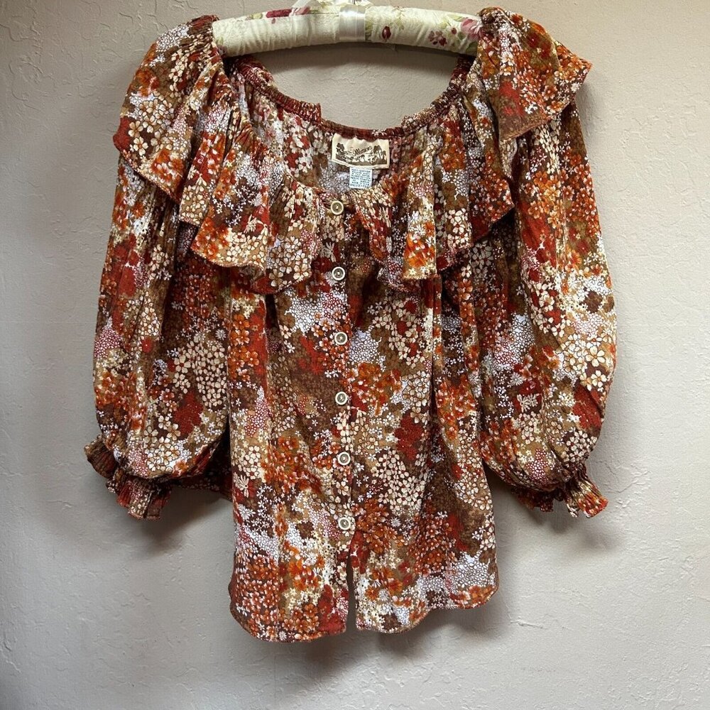 Illusions Women's Off Shoulder Flared Collar Blouse Cotton Floral Multi One Size